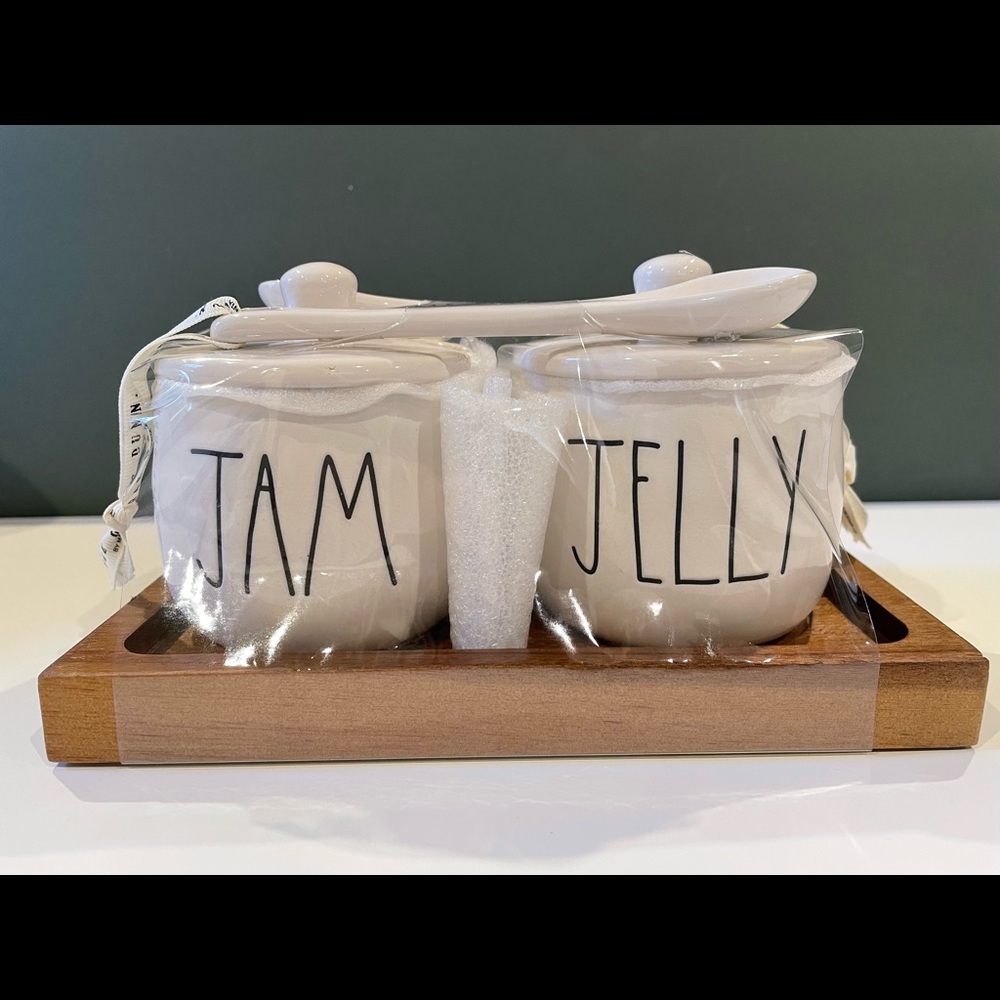 Rae Dunn Set of 2 Jam Jars with Tray & Spoons
